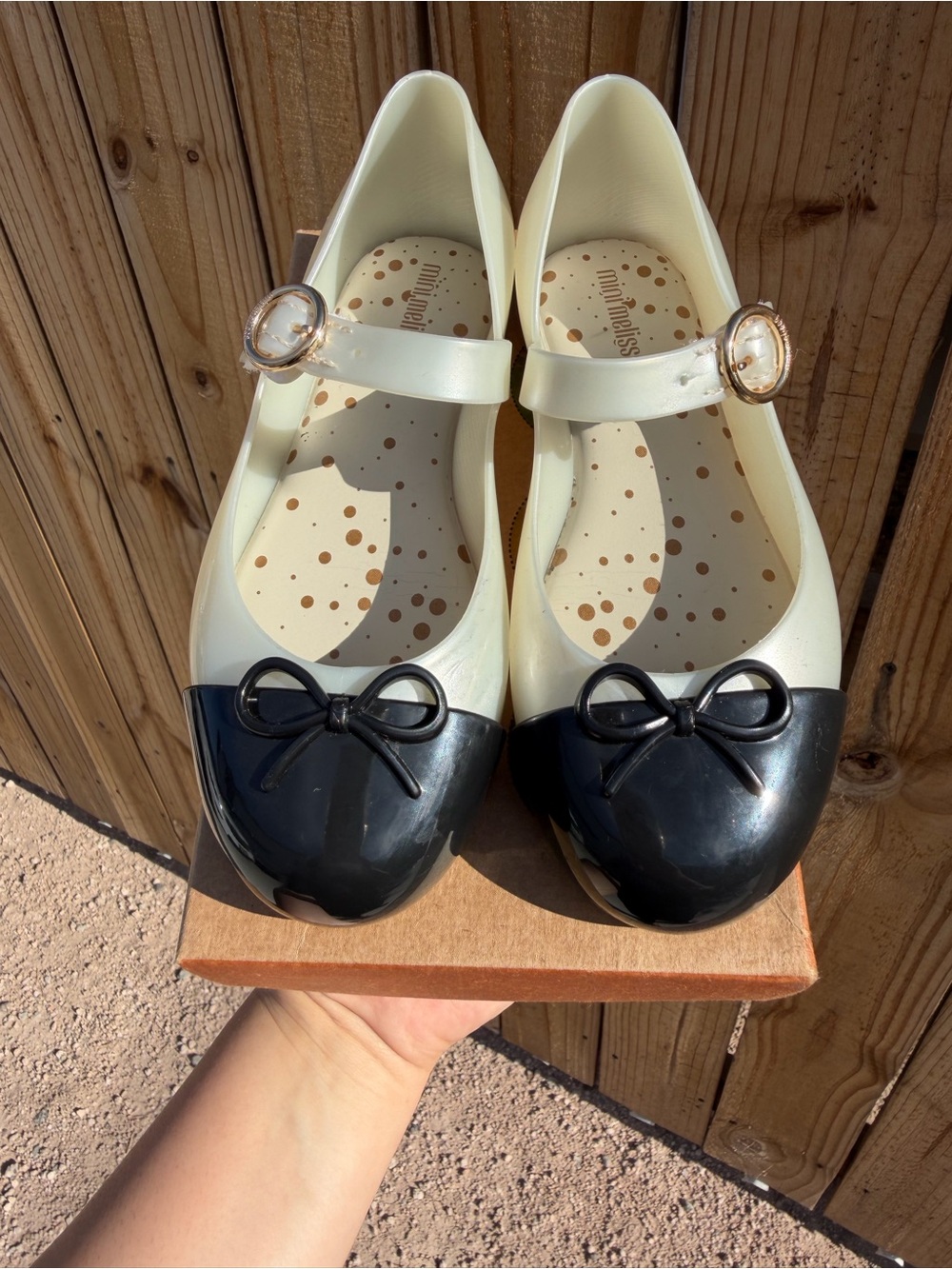 Mini Melissa Cream and Black Mary Jane Jelly Shoes with Bow